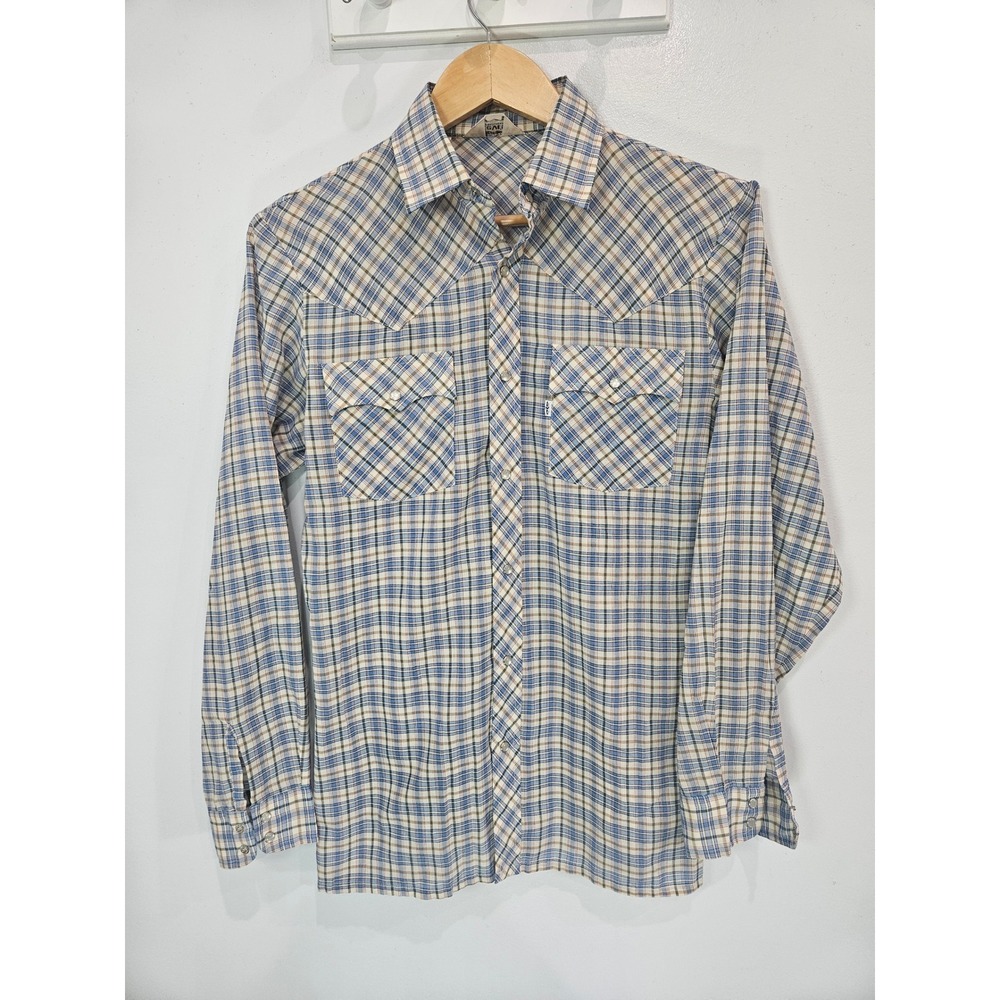 Vintage Levis Sportswear Mens Medium Blue Plaid Pearl Snap Western Shirt 70s